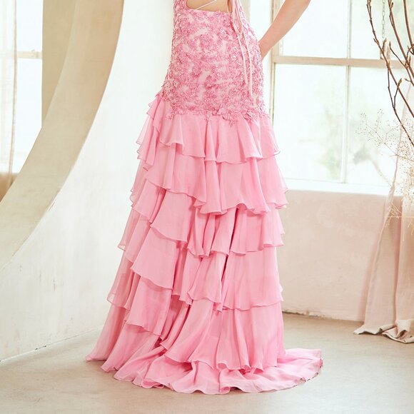 New Floral Beaded Ruffled Gown w/ Scoop Neckline & Open Lace Up Back AC 7085 - Picture 9 of 9